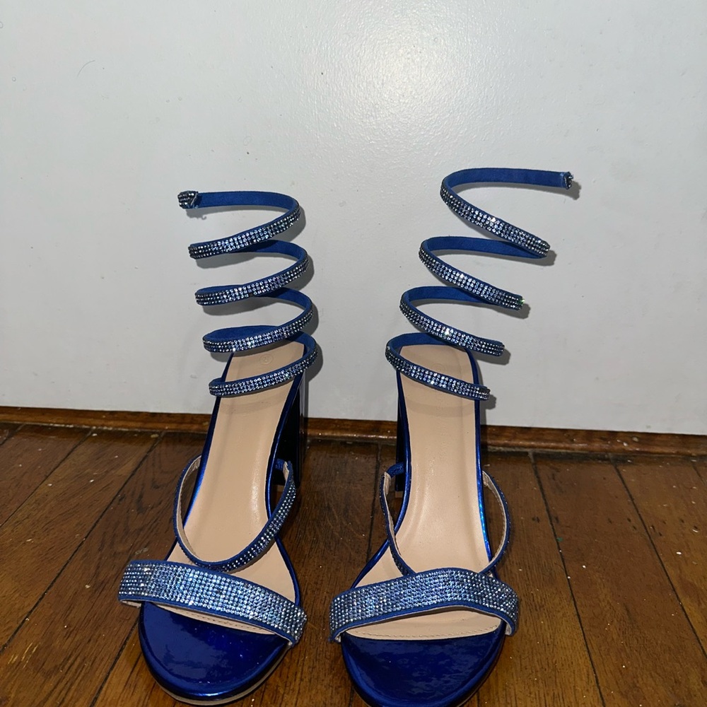 Blue Rhinestone Spiral Strap Block Heel Sandals – Glam Party Heels